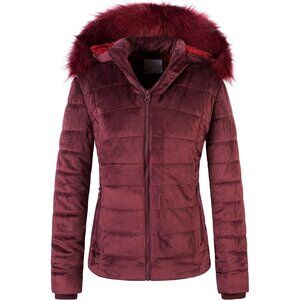 Women's Burgundy Velvet Puffer Jackets Coat Faux Lining Winter Removable Hood